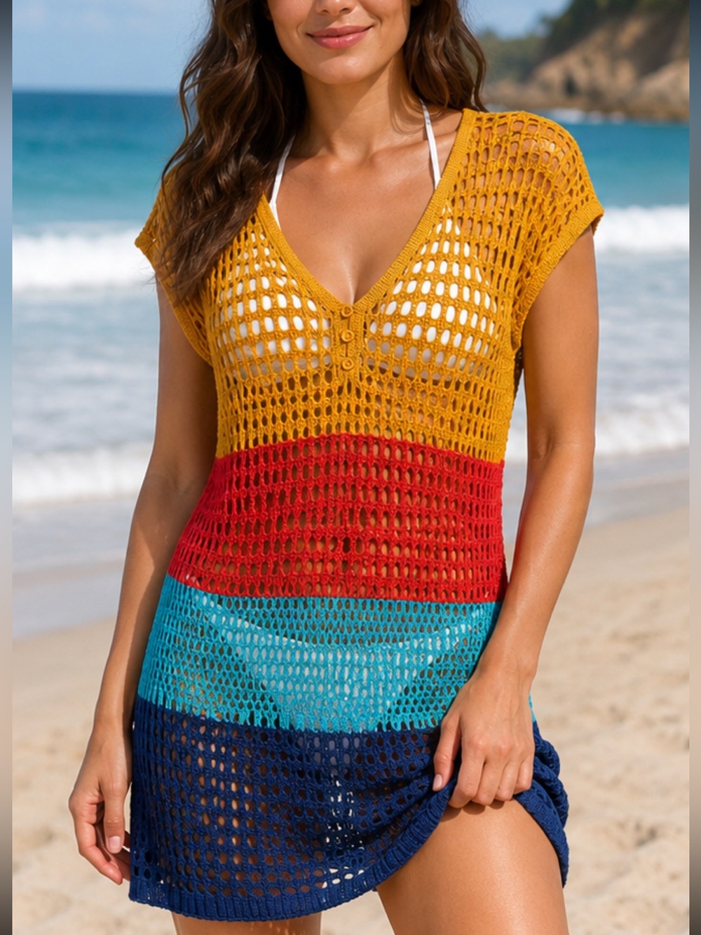 Women’s Colorblock Crochet Beach Cover-Up - Yellow/Red/Teal/Navy NWOT